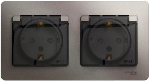 Розетка с заземлением с рамкой Systeme Electric Glossa 2-м. крышка шторки IP44 платина картинка